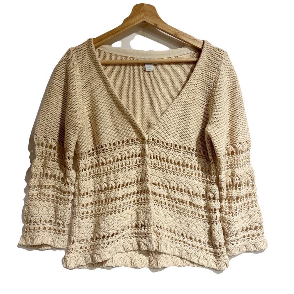 Sundance Cardigan Women Small V Neck Button‎ Front Cream Knit Sweater 3/4 Sleeve